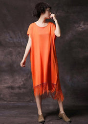 Organic orange tassel cotton clothes short sleeve long summer Dress - bagstylebliss