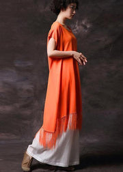 Organic orange tassel cotton clothes short sleeve long summer Dress - bagstylebliss