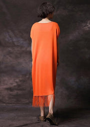 Organic orange tassel cotton clothes short sleeve long summer Dress - bagstylebliss