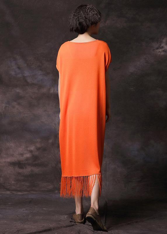 Organic orange tassel cotton clothes short sleeve long summer Dress - bagstylebliss