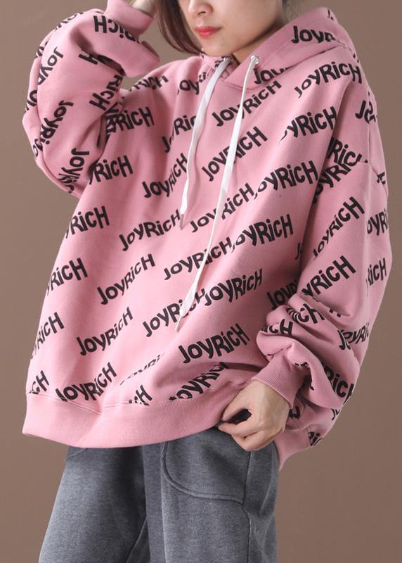 Organic pink alphabet prints cotton crane tops drawstring loose hooded shirt - bagstylebliss