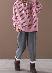 Organic pink alphabet prints cotton crane tops drawstring loose hooded shirt - bagstylebliss