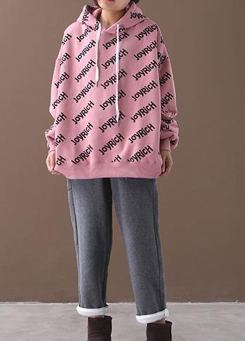 Organic pink alphabet prints cotton crane tops drawstring loose hooded shirt - bagstylebliss