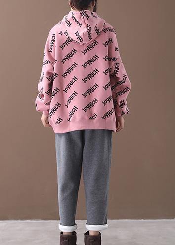 Organic pink alphabet prints cotton crane tops drawstring loose hooded shirt - bagstylebliss