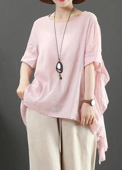 Organic pink linen clothes For Women o neck half sleeve silhouette shirt - bagstylebliss