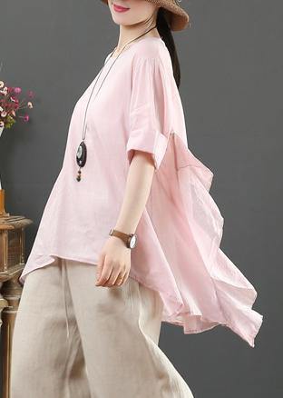 Organic pink linen clothes For Women o neck half sleeve silhouette shirt - bagstylebliss