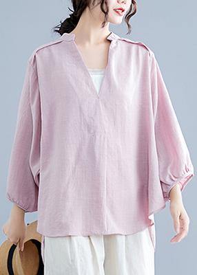 Organic pink linen cotton clothes For Women Shirts v neck batwing sleeve summer top - bagstylebliss