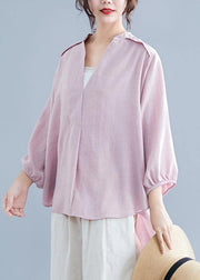 Organic pink linen cotton clothes For Women Shirts v neck batwing sleeve summer top - bagstylebliss