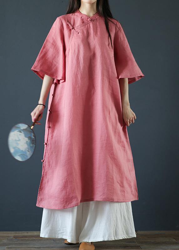 Organic pink linen dresses stand collar Chinese Button Plus Size Dress - bagstylebliss