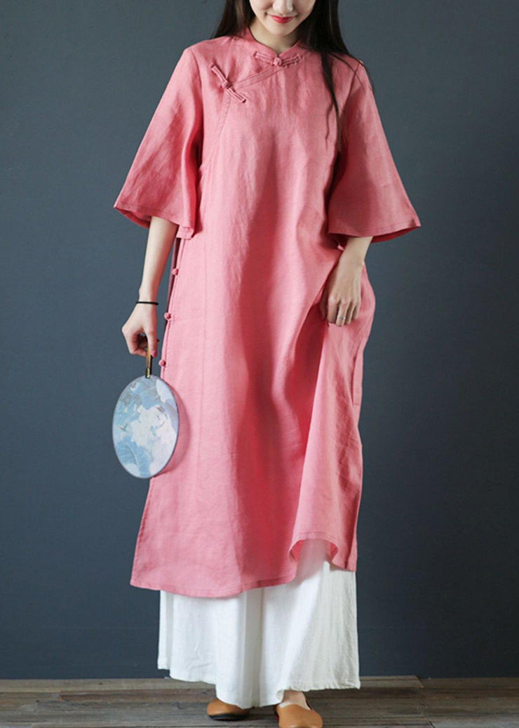 Organic pink linen dresses stand collar Chinese Button Plus Size Dress - bagstylebliss