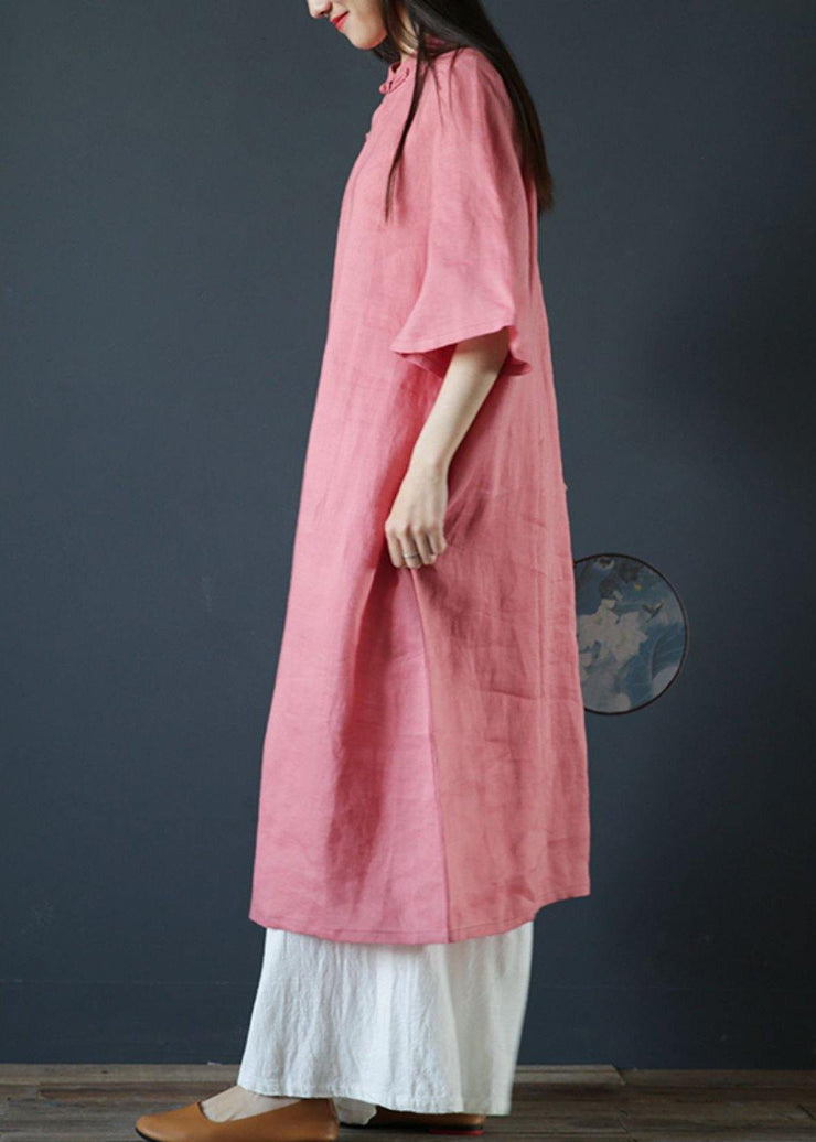 Organic pink linen dresses stand collar Chinese Button Plus Size Dress - bagstylebliss