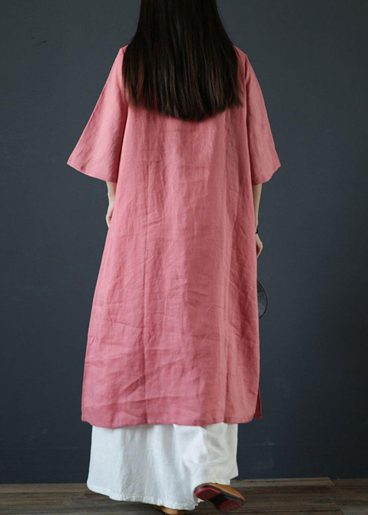 Organic pink linen dresses stand collar Chinese Button Plus Size Dress - bagstylebliss