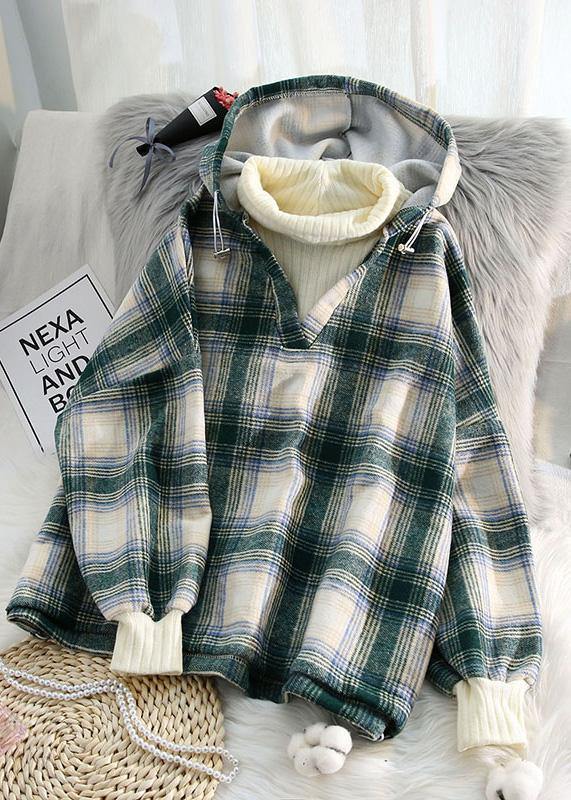 Organic pink plaid cotton linen tops women blouses hooded tunic v neck blouses - bagstylebliss