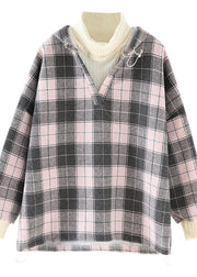 Organic pink plaid cotton linen tops women blouses hooded tunic v neck blouses - bagstylebliss