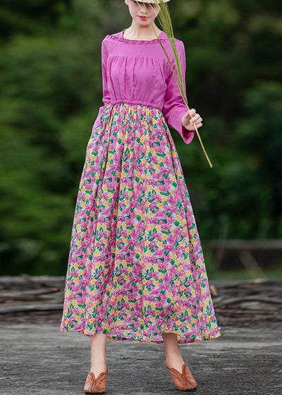 Organic pink print Long dress patchwork Dresses spring Dresses - bagstylebliss