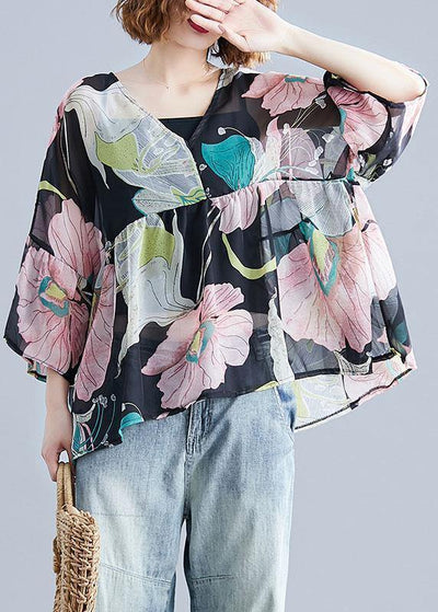 Organic print tops women o neck Petal Sleeve tunic blouse - bagstylebliss