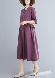 Organic purple linen cotton clothes For Women v neck long summer Dresses - bagstylebliss