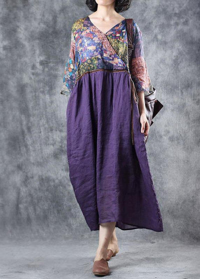 Organic purple linen dress patchwork Plus Size v neck Dress - bagstylebliss