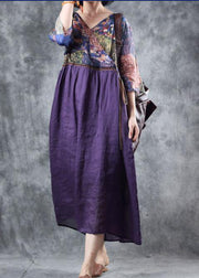 Organic purple linen dress patchwork Plus Size v neck Dress - bagstylebliss