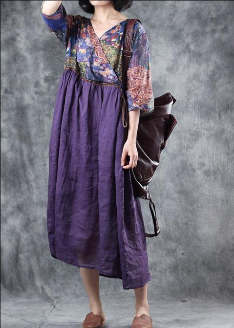 Organic purple linen dress patchwork Plus Size v neck Dress - bagstylebliss
