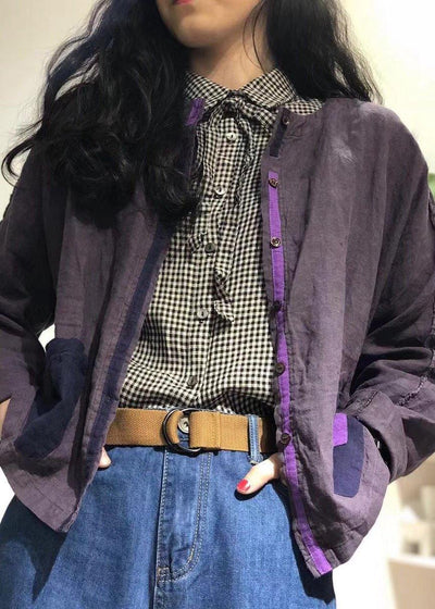 Organic purple o neck linen tunics for women Patch pockets baggy fall shirt - bagstylebliss