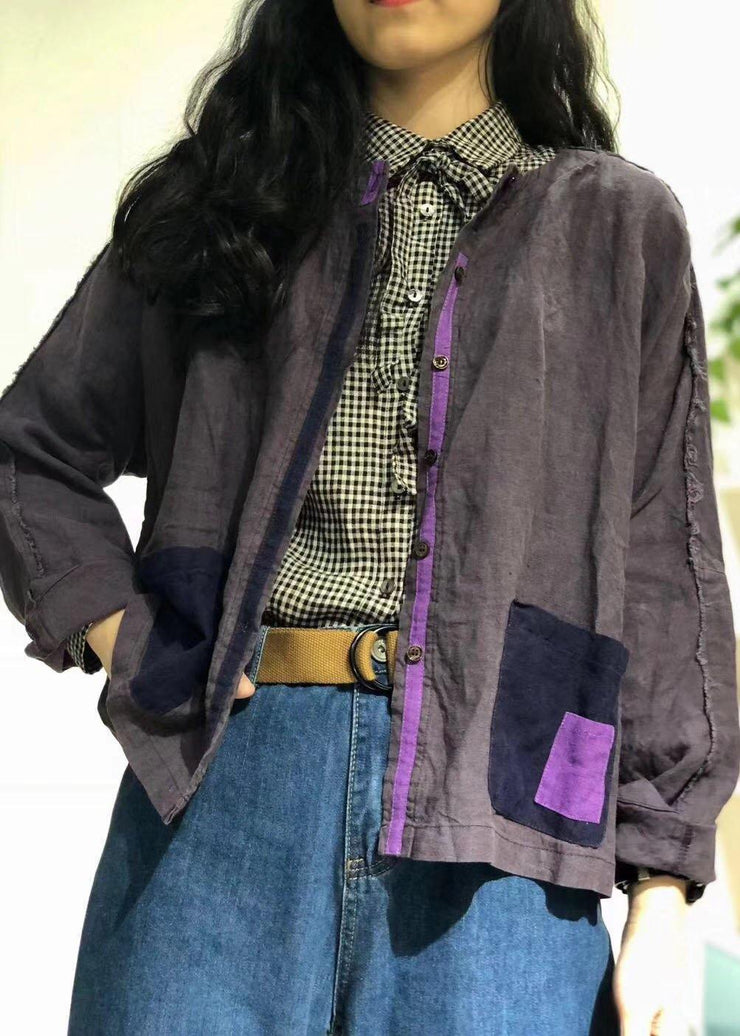 Organic purple o neck linen tunics for women Patch pockets baggy fall shirt - bagstylebliss