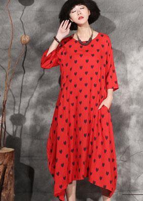 Organic red dotted cotton Long Shirts asymmetric hem Maxi summer Dresses - bagstylebliss