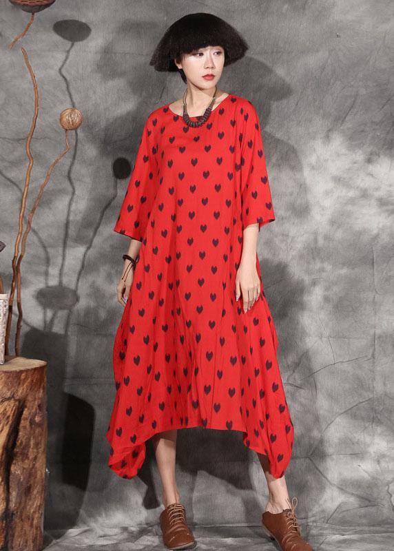 Organic red dotted cotton Long Shirts asymmetric hem Maxi summer Dresses - bagstylebliss