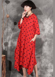 Organic red dotted cotton Long Shirts asymmetric hem Maxi summer Dresses - bagstylebliss