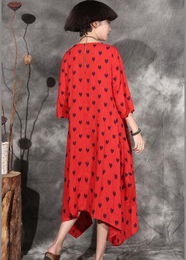 Organic red dotted cotton Long Shirts asymmetric hem Maxi summer Dresses - bagstylebliss