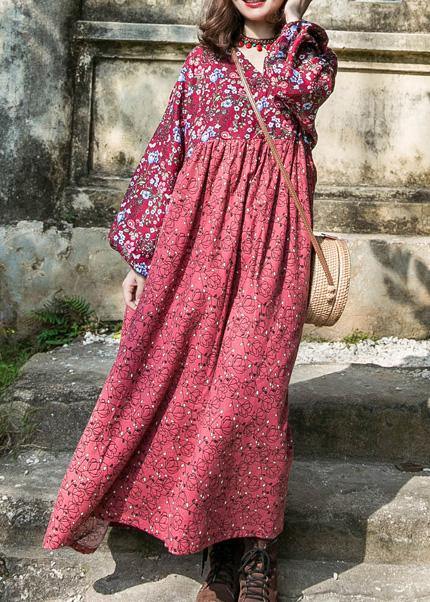 Organic red print cotton Long Shirts o neck lantern sleeve baggy summer Dress - bagstylebliss