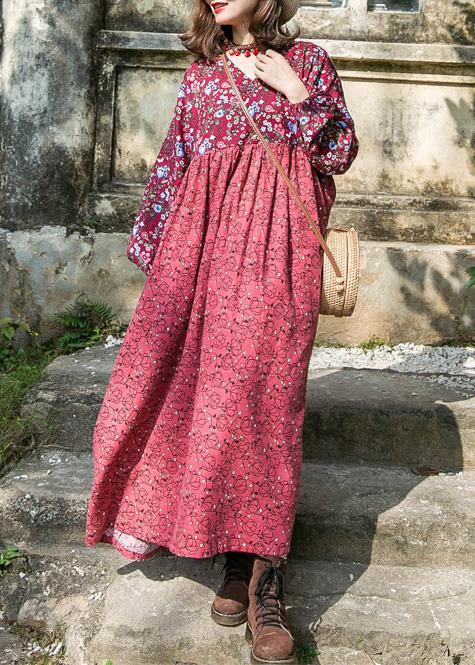 Organic red print cotton Long Shirts o neck lantern sleeve baggy summer Dress - bagstylebliss