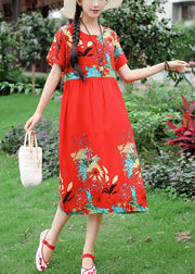 Organic red prints cotton tunic dress o neck cotton summer Dresses - bagstylebliss