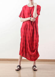 Organic red prints linen clothes Plus Size Neckline draping Maxi summer Dresses - bagstylebliss