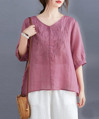 Organic rose clothes For Women v neck embroidery daily blouses - bagstylebliss