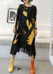 Organic ruffles hem chiffon Wardrobes pattern black prints robes Dresses summer - bagstylebliss