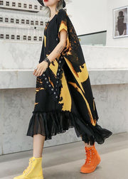 Organic ruffles hem chiffon Wardrobes pattern black prints robes Dresses summer - bagstylebliss