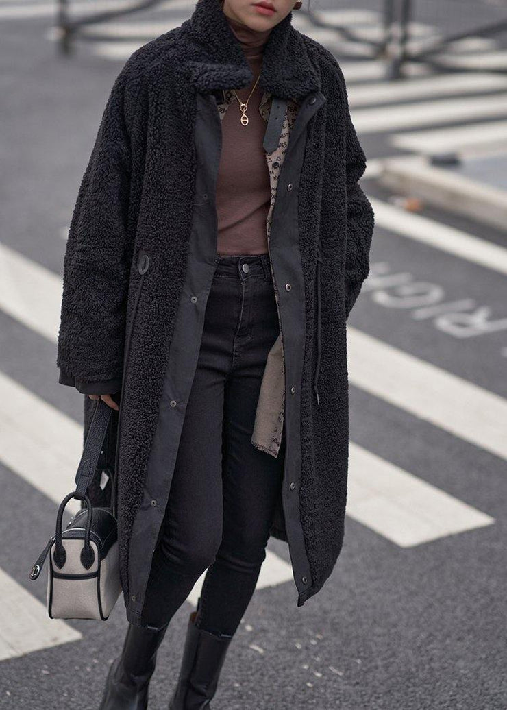 Organic stand collar drawstring Plus Size tunic coat black Dresses outwear - bagstylebliss