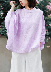 Organic stand collar linen Blouse Photography light purple striped blouse - bagstylebliss