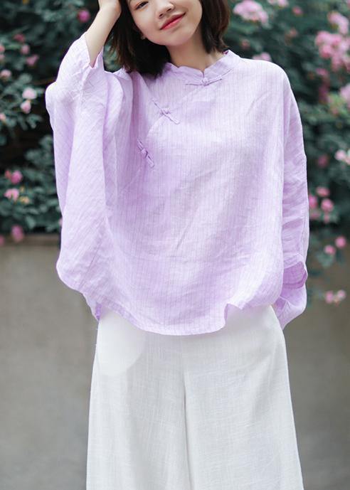 Organic stand collar linen Blouse Photography light purple striped blouse - bagstylebliss