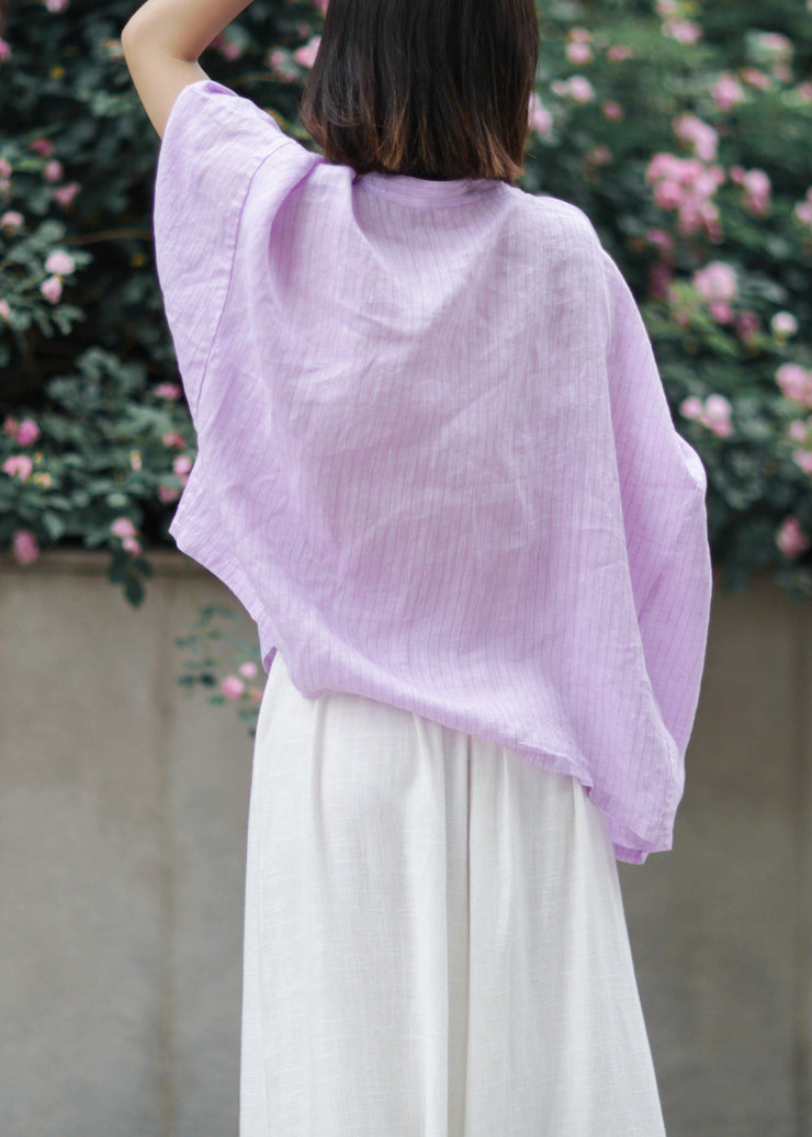 Organic stand collar linen Blouse Photography light purple striped blouse - bagstylebliss