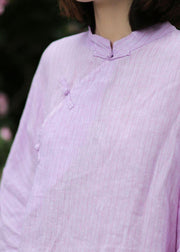 Organic stand collar linen Blouse Photography light purple striped blouse - bagstylebliss