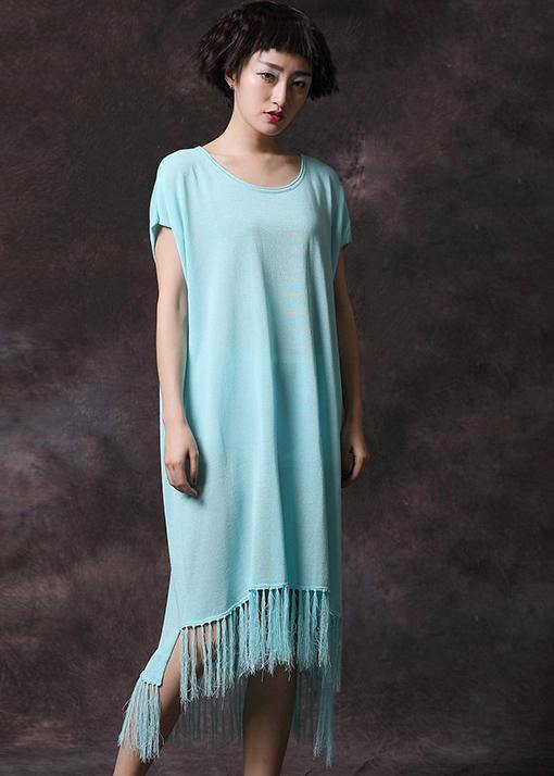 Organic tassel cotton clothes Work light blue Plus Size Dress summer - bagstylebliss