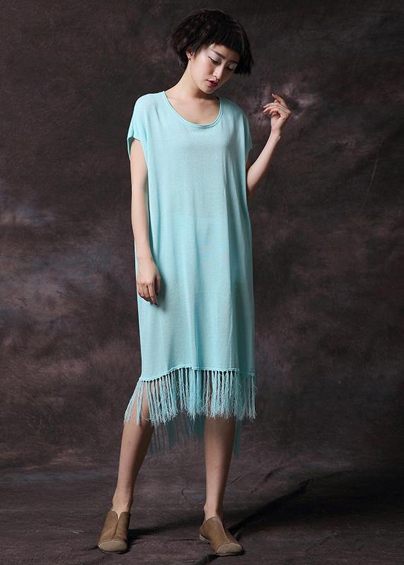 Organic tassel cotton clothes Work light blue Plus Size Dress summer - bagstylebliss