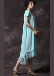 Organic tassel cotton clothes Work light blue Plus Size Dress summer - bagstylebliss