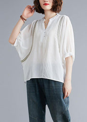 Organic v neck Batwing Sleeve summer pattern Sewing white blouse - bagstylebliss