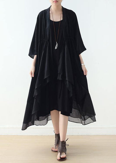 Organic v neck asymmetric cotton Tunics Sewing black A Line Dress - bagstylebliss