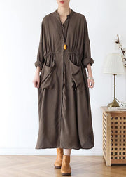 Organic v neck elastic waist cotton Long Shirts Neckline chocolate long Dress - bagstylebliss