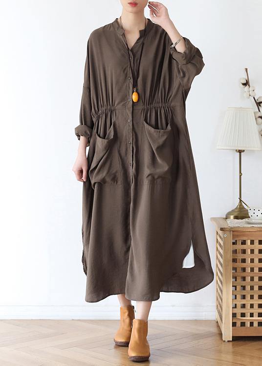 Organic v neck elastic waist cotton Long Shirts Neckline chocolate long Dress - bagstylebliss