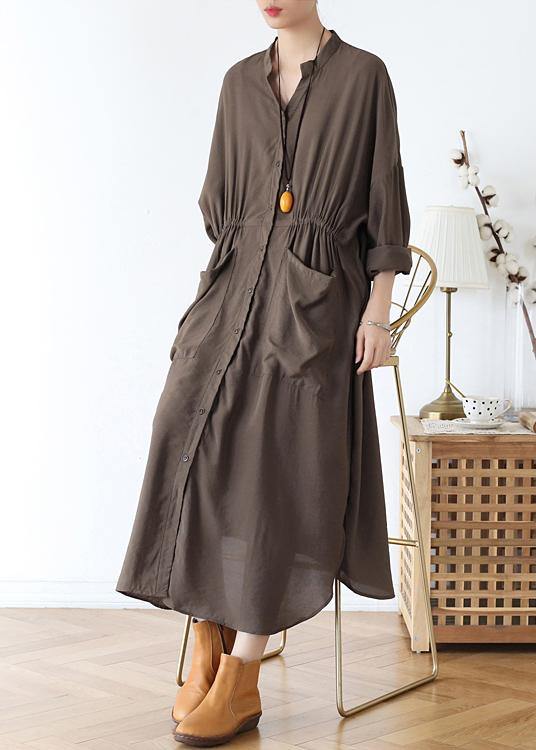 Organic v neck elastic waist cotton Long Shirts Neckline chocolate long Dress - bagstylebliss